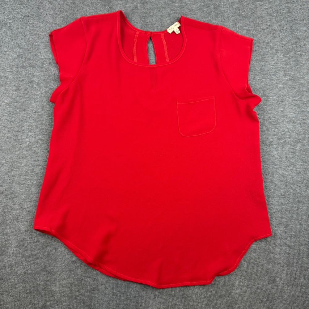 Lily White Blouse Womens Medium Red Short Sleeve Keyhole Back Pocket Top‎